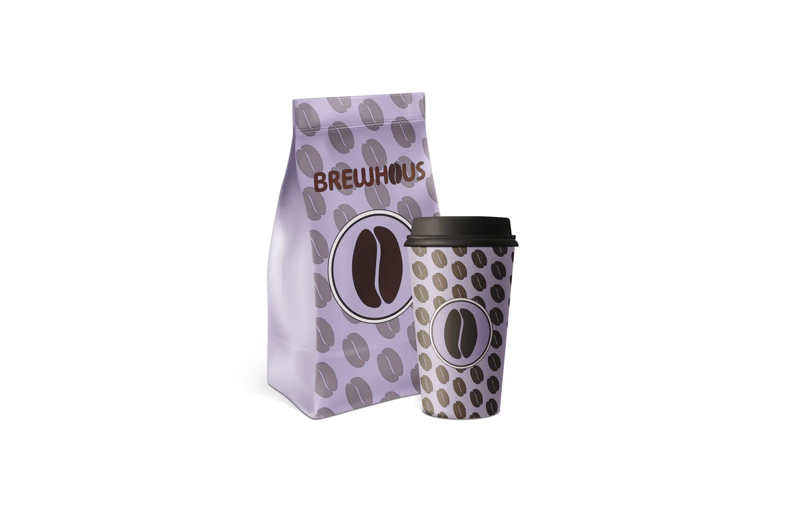 A lavender BrewHaus bag covered in the bean pattern with a large logo mark, next to a matching to-go cup