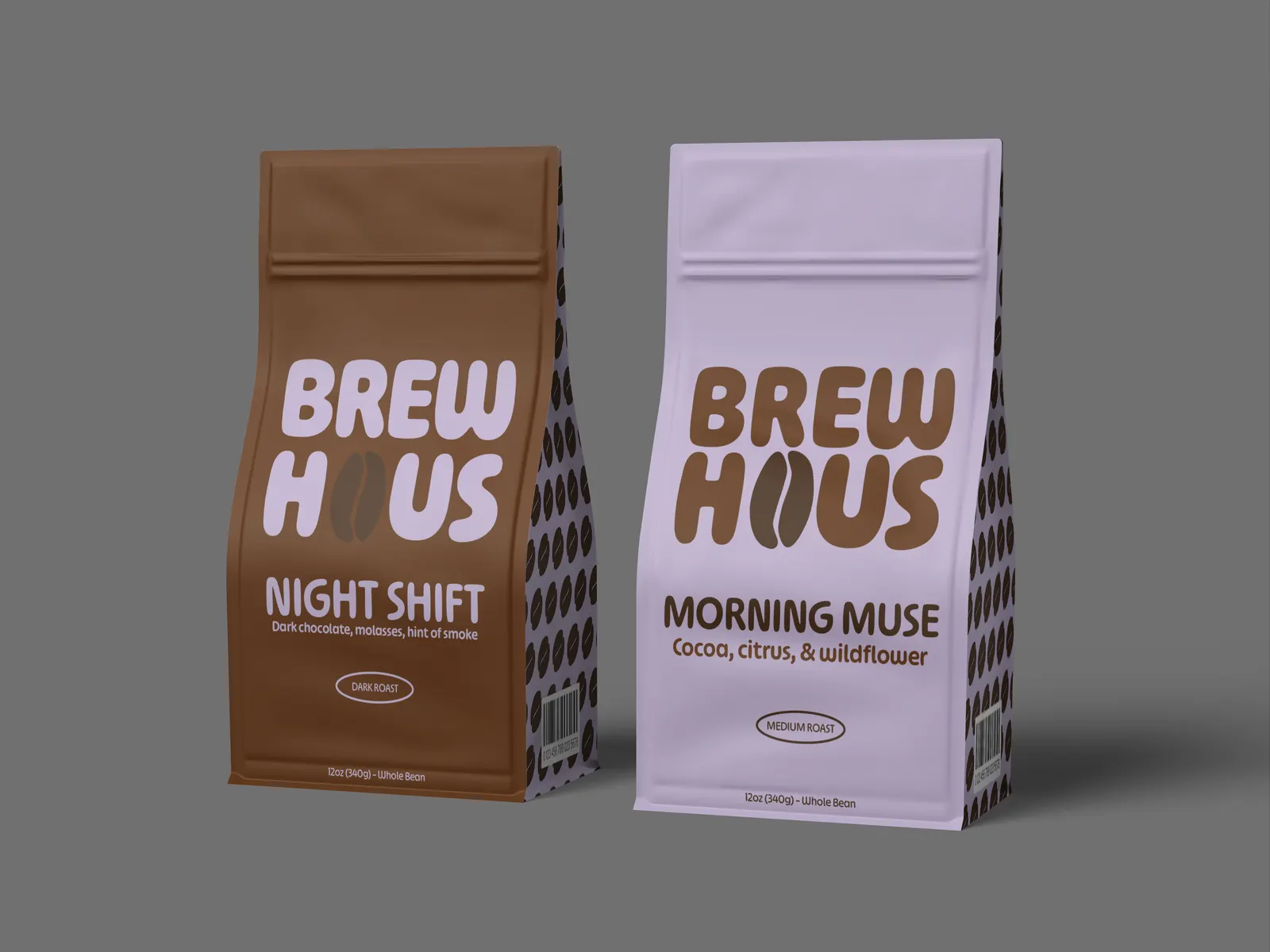 Two BrewHaus coffee bags: a brown Night Shift dark roast and a lavender Morning Muse medium roast, with bean-pattern gussets