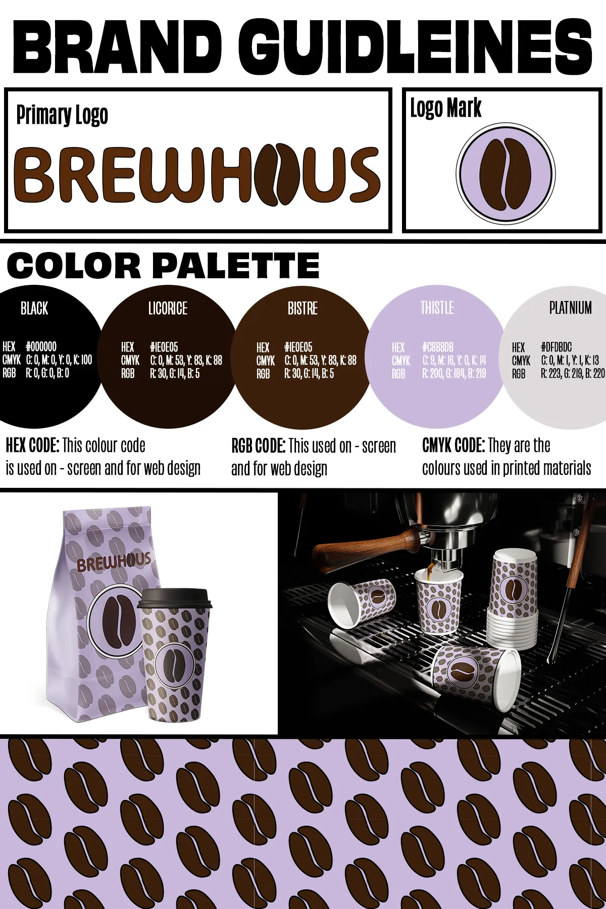 BrewHaus brand guidelines sheet: primary logo, logo mark, five-color palette with HEX, CMYK and RGB values, packaging mockups and the bean pattern