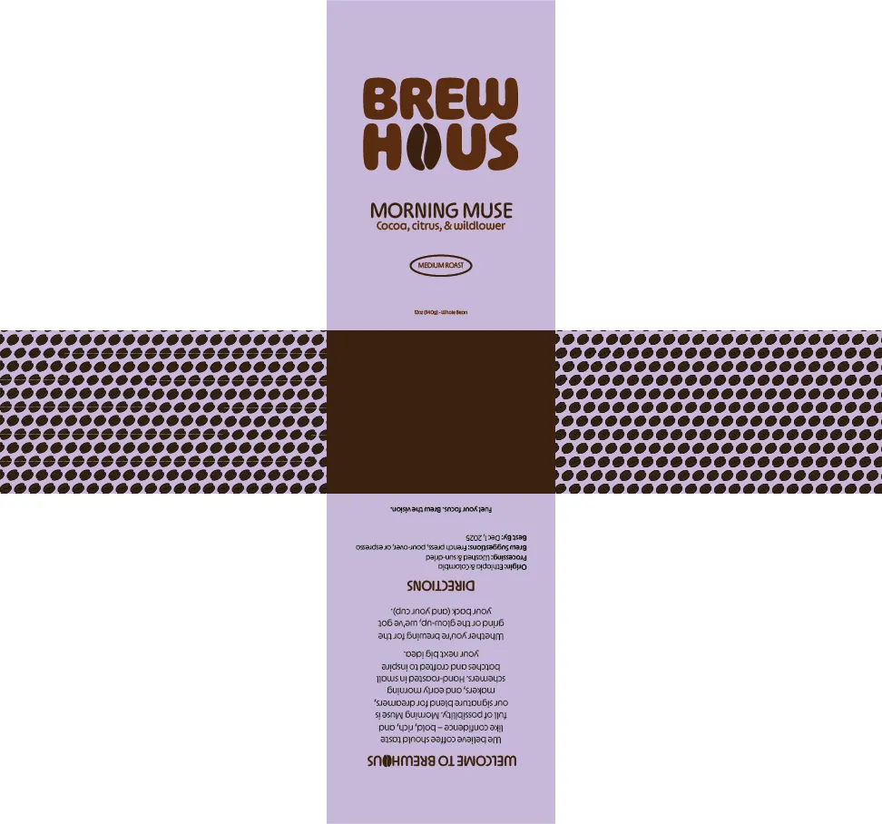 Flat dieline of the Morning Muse bag: lavender front with the logo and roast name, bean-pattern side panels, a dark brown base and the back panel with the brand story and brewing directions