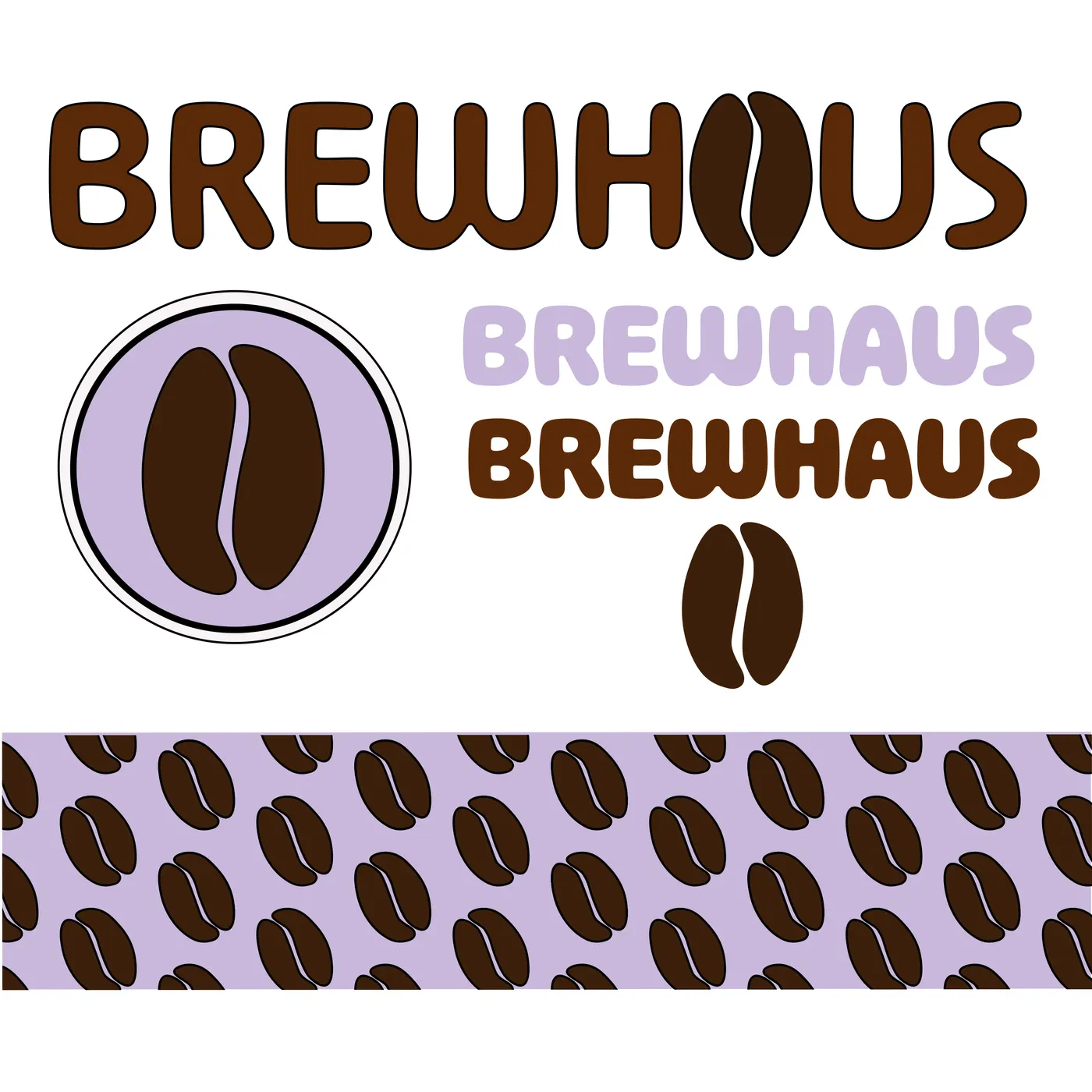 BrewHaus logo sheet: the brown BREWHAUS wordmark with a coffee bean as the A, the bean logo mark in a lavender circle, lavender and brown versions of the name, a single bean, and a lavender strip of the bean pattern