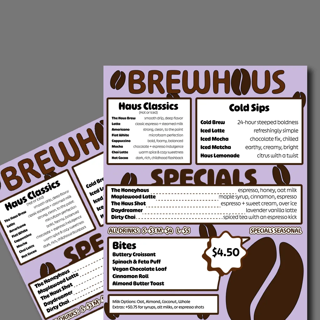 BrewHaus café menu on lavender with sections for Haus Classics, Cold Sips, Specials and Bites, framed in brown outlines with coffee bean graphics