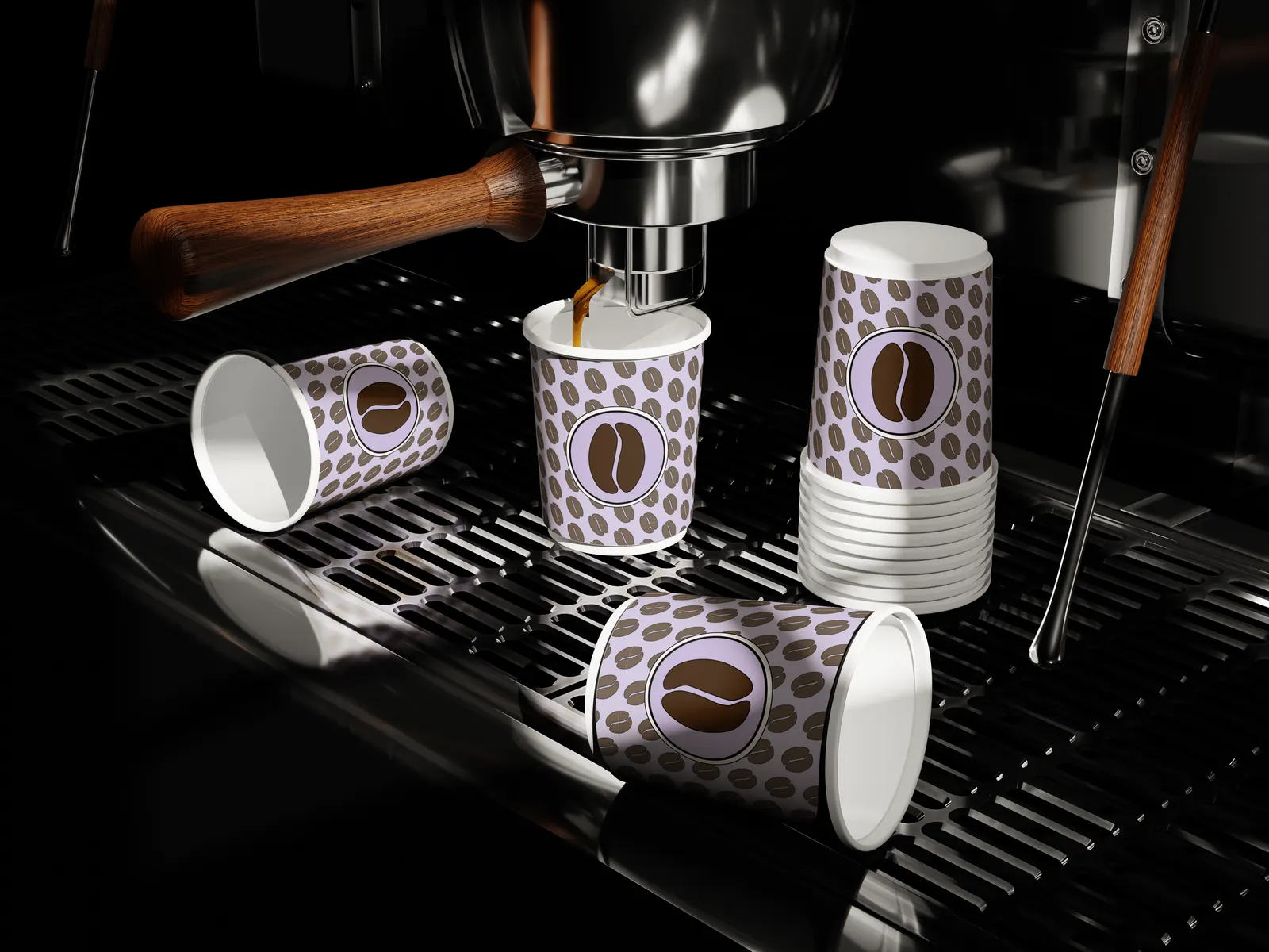 BrewHaus paper espresso cups with the lavender bean pattern on an espresso machine drip tray, one being filled