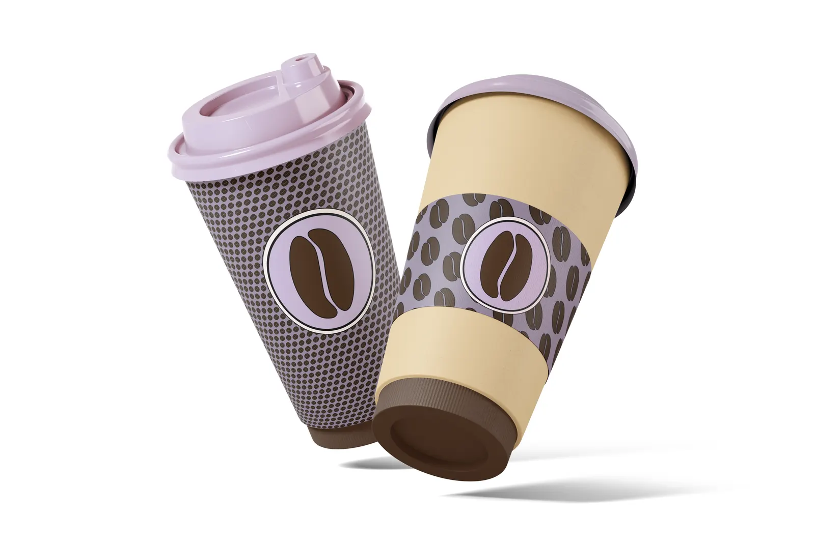 Two BrewHaus to-go cups with lavender lids: one with a brown dot pattern, one cream with a bean-pattern sleeve, both carrying the bean logo mark