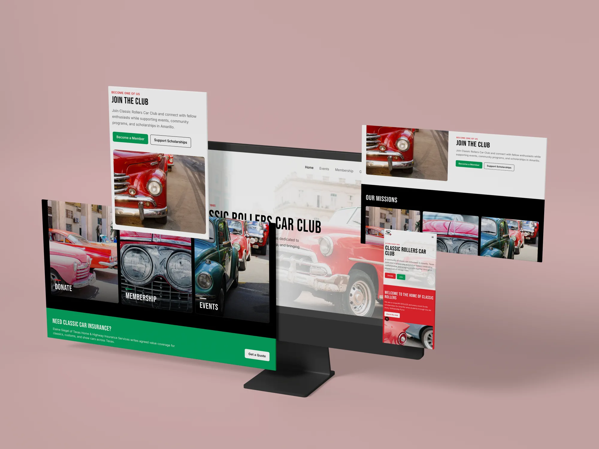 Classic Rollers Car Club website on a desktop monitor, with the Join the Club, Our Missions, Donate, Membership, Events and classic car insurance sections and the mobile home page floating around it