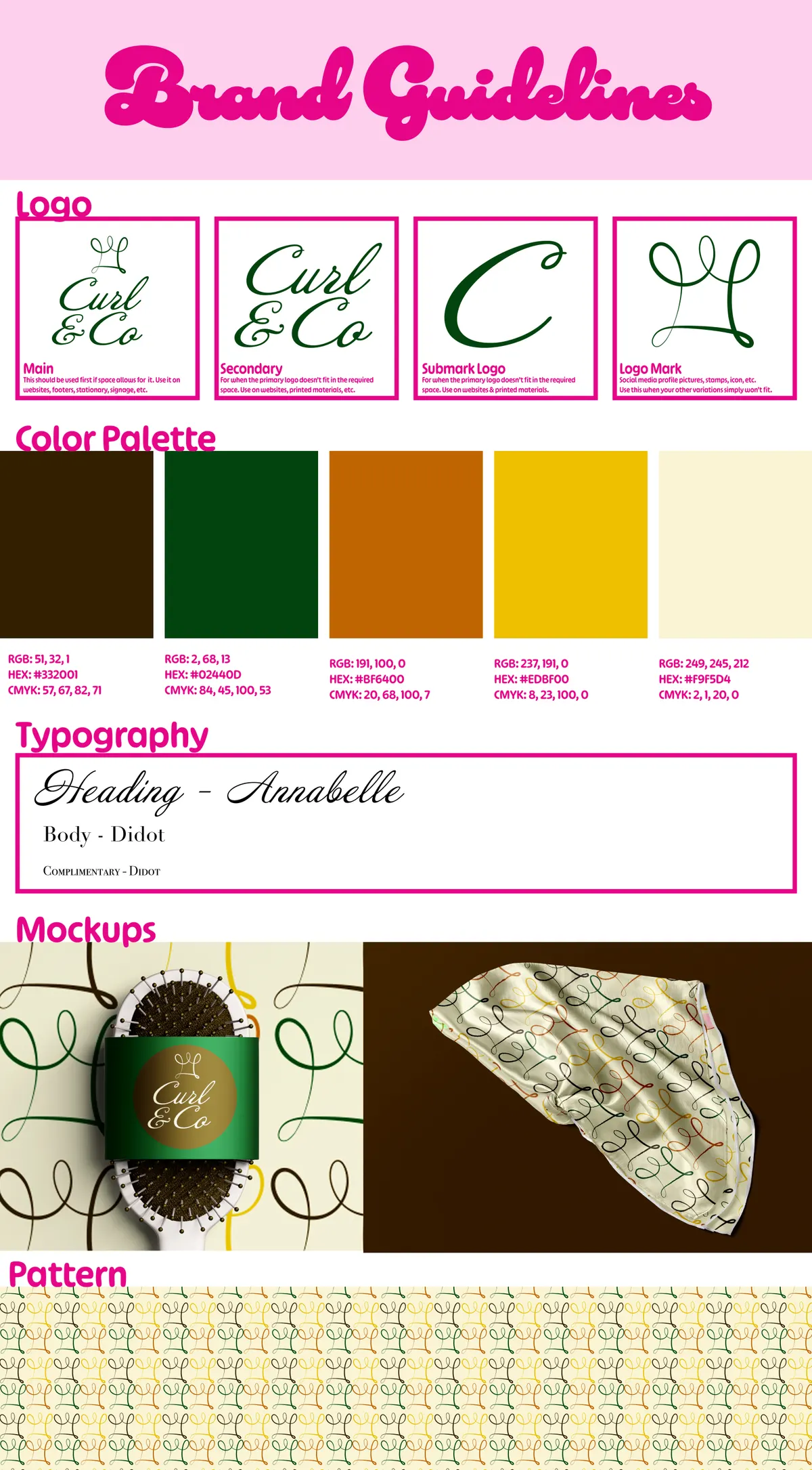 Curl & Co. brand guidelines sheet: four logo versions with usage notes, the five-color palette with RGB, HEX and CMYK values, typography, mockups and the pattern