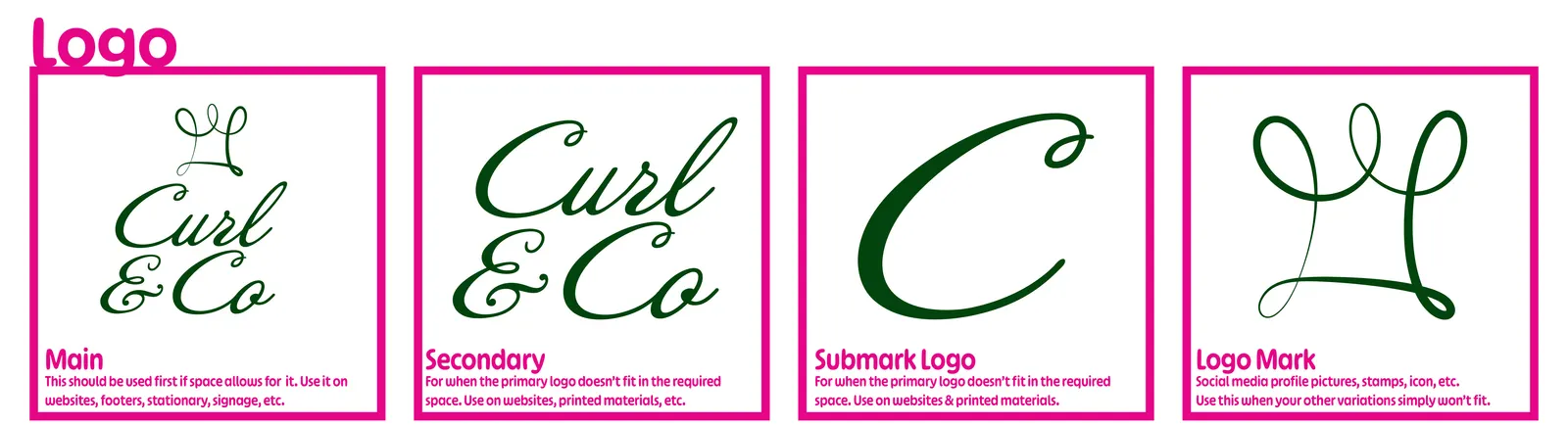 Four Curl & Co. logo versions in dark green: the main logo with the crown above the script name, the script wordmark alone, a script C submark and the looping crown logo mark