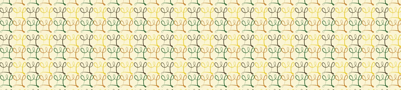 Repeating pattern of the looping crown mark in brown, green, orange and yellow on a cream background
