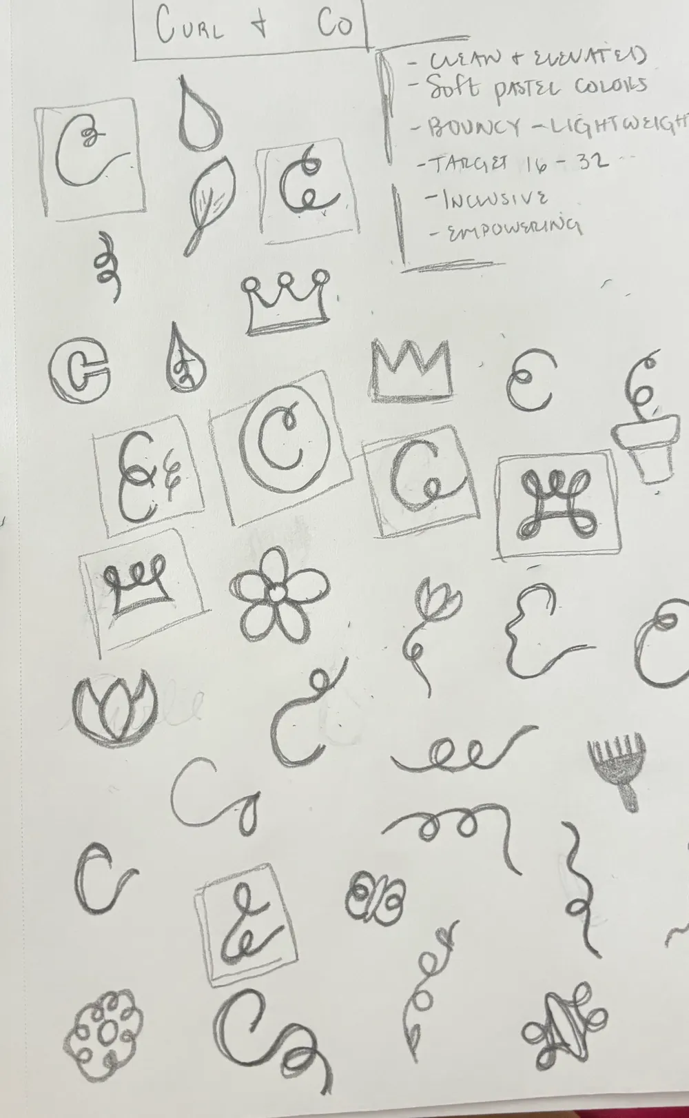 Pencil sketch page titled Curl & Co with notes (clean and elevated, soft pastel colors, bouncy and lightweight, target 16–32, inclusive, empowering) and dozens of small marks: letter Cs, crowns, drops, leaves, flowers, a pick comb and curl swirls
