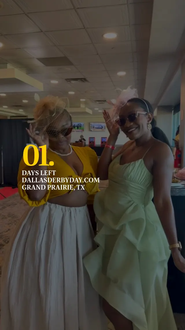 Still from a vertical video: two guests in derby hats and sunglasses with a gold “01. Days left” counter