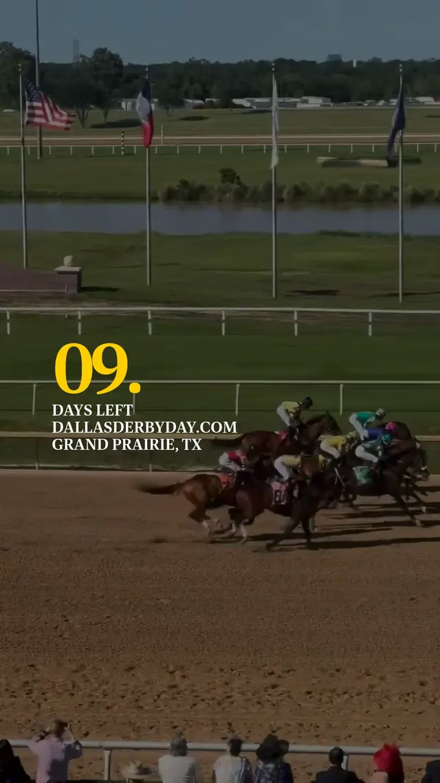 Still from a vertical video: horses racing down the track with a gold “09. Days left” counter