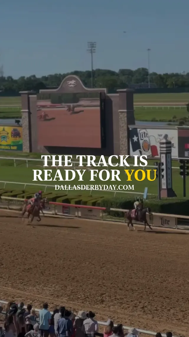 Still from a vertical video: the Lone Star Park track and big screen with the words “The track is ready for you”