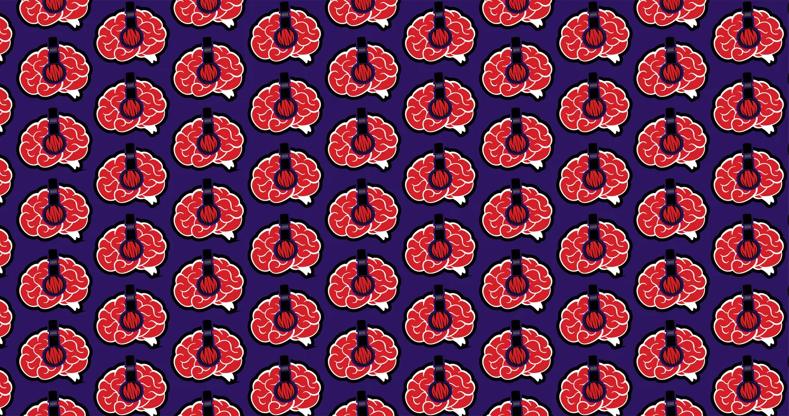 Repeat pattern of the red brain-and-headphones mark in staggered rows on a navy-purple background