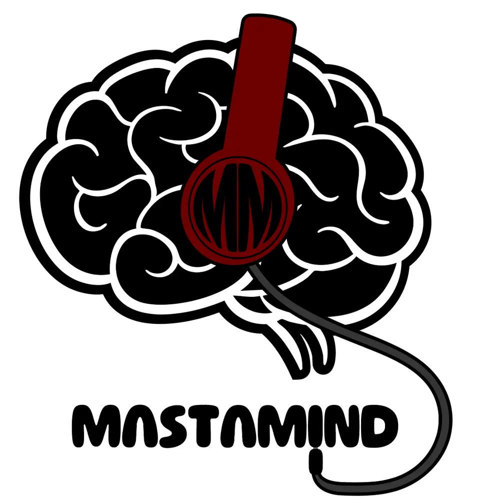 Early concept: a black brain with white folds wearing dark red headphones with “MM” in the ear cup, above a rounded black MASTAMIND wordmark