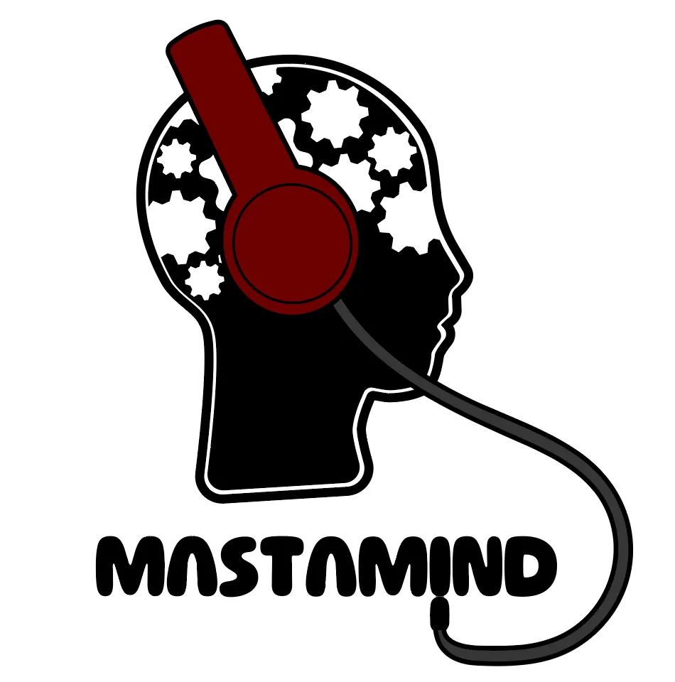 Early concept: a black head silhouette filled with white gears, wearing dark red headphones, with the cord running down to a rounded MASTAMIND wordmark
