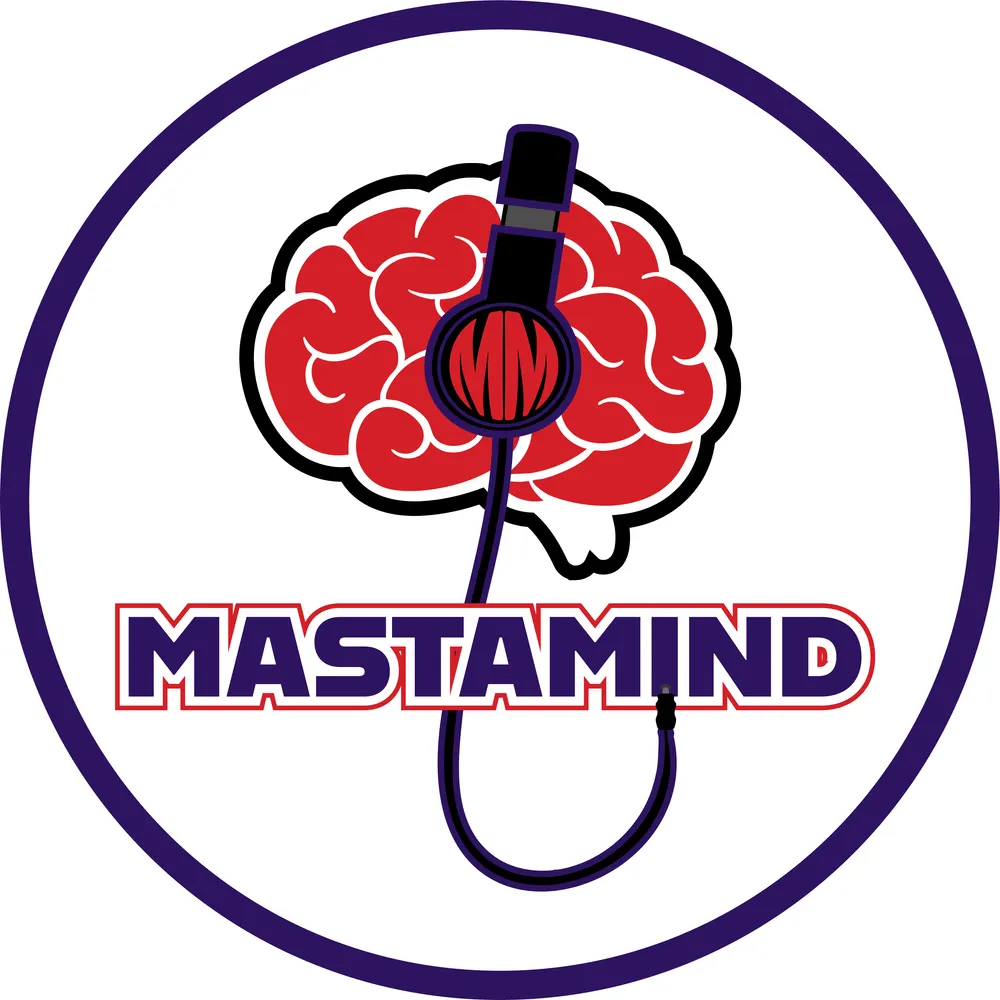 White circular badge with a navy-purple border holding the full Mastamind logo and wordmark