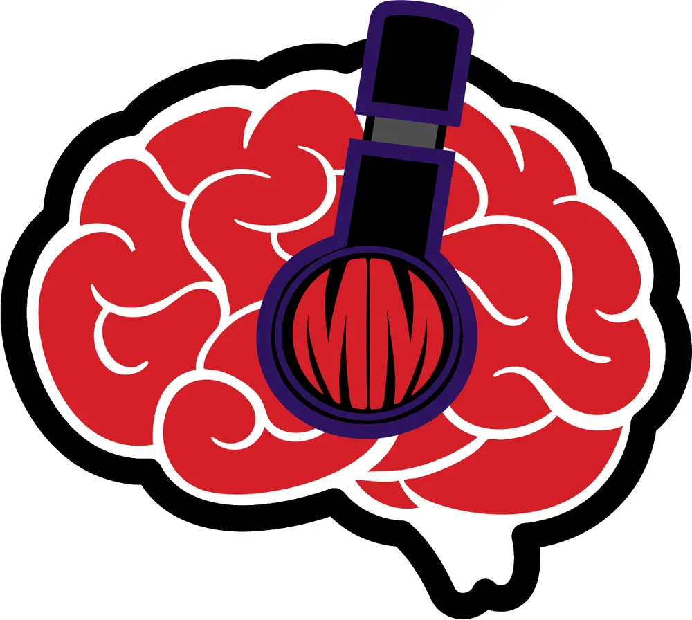 The Mastamind mark on its own: a red brain with white folds and a thick black outline, wearing headphones with “MM” in the ear cup