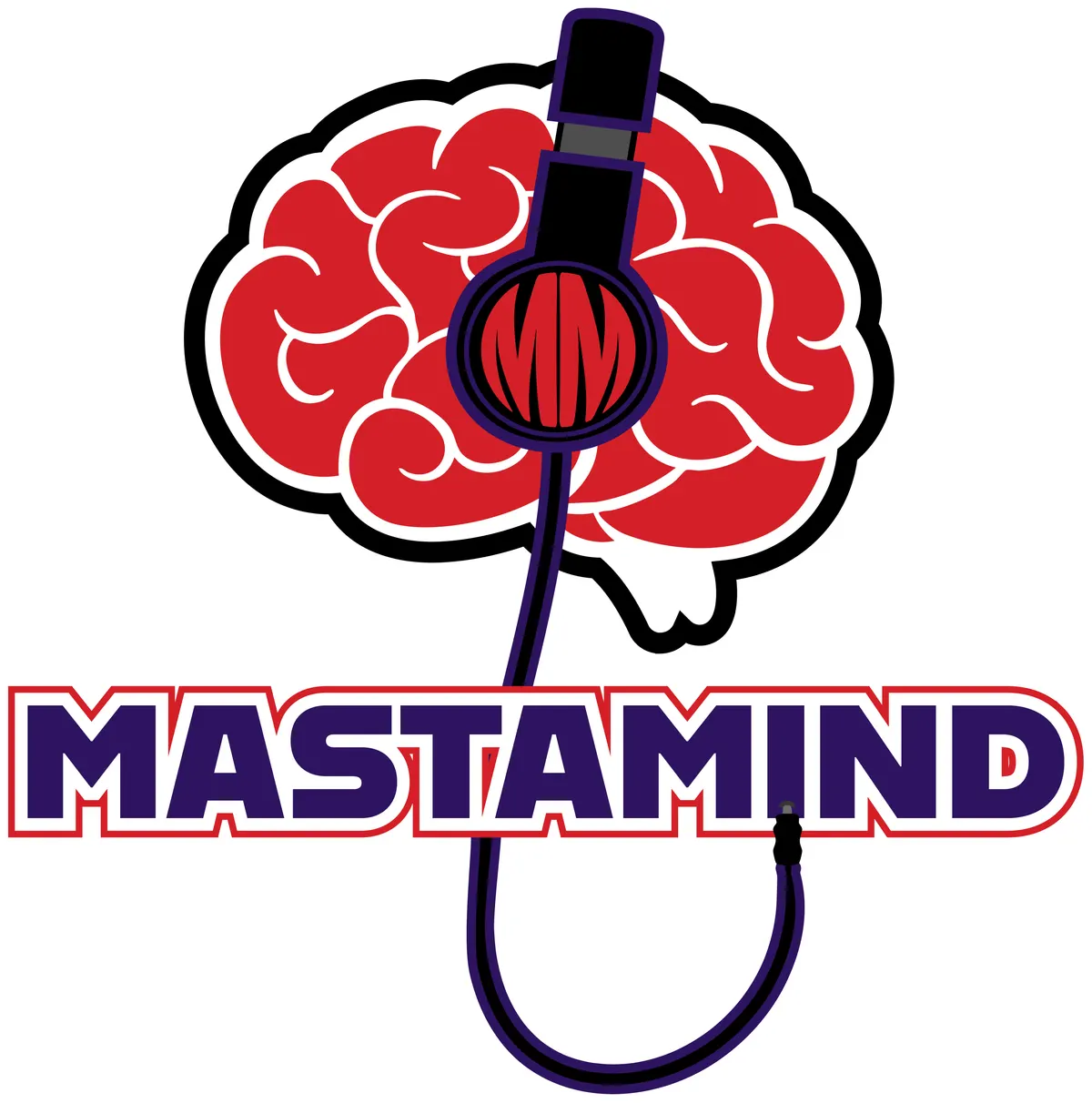 Final Mastamind logo: a red brain wearing black and purple headphones with “MM” in the ear cup, the cord running through a navy-purple MASTAMIND wordmark outlined in red