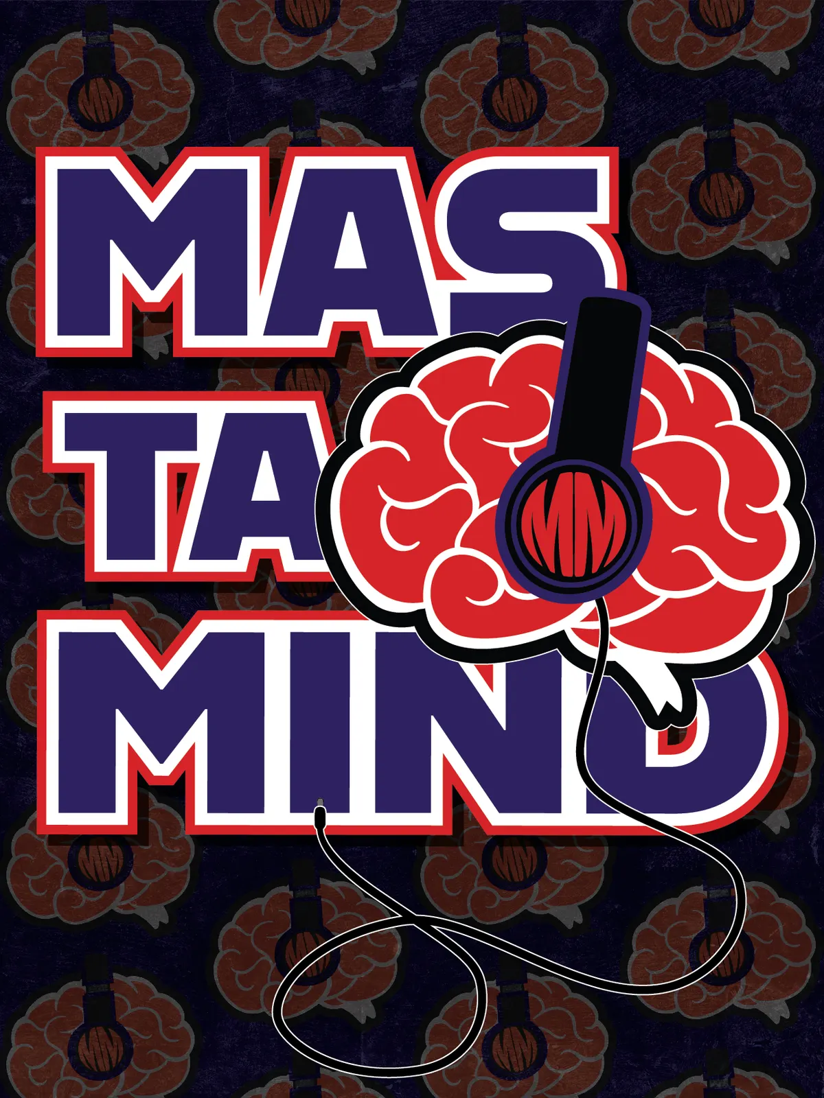 Poster with MAS / TA / MIND stacked in navy-purple letters outlined in white and red, the brain-and-headphones mark breaking through the type over a dark brain pattern