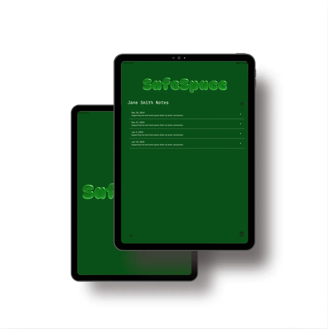 Two iPads with the redesigned dark green app; the front one lists a patient's dated session notes
