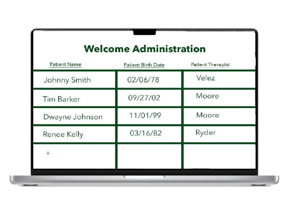 Administrator roster table listing patient name, birth date and therapist