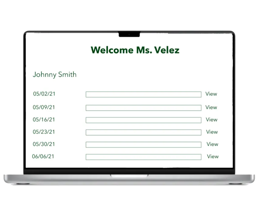Patient view listing dated session notes, each with a View link