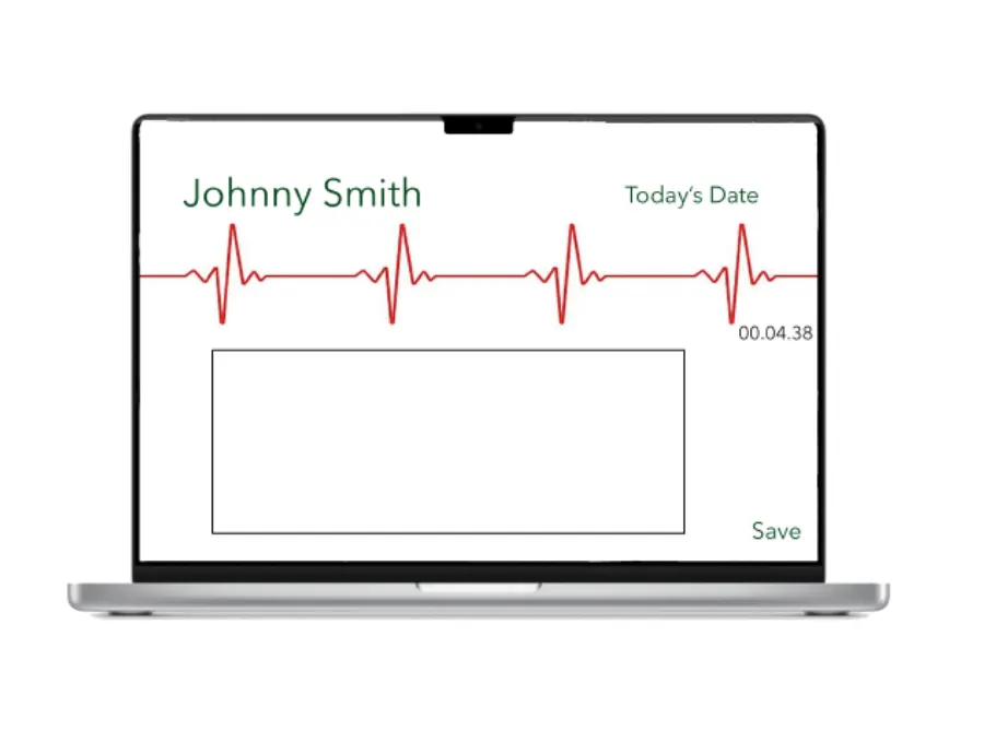 Session notes screen with the patient's name, a heart-rate line, a running timer, a notes box and Save