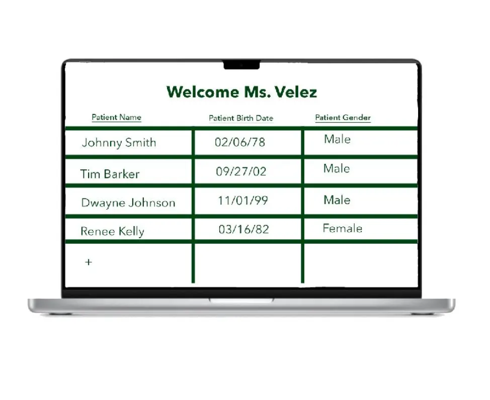 Therapist roster table listing patient name, birth date and gender