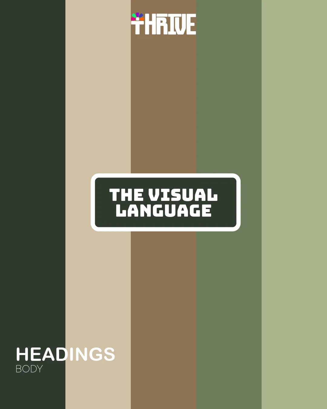 “The visual language” graphic: five vertical bands of forest green, sand, brown, moss and sage with sample heading and body type