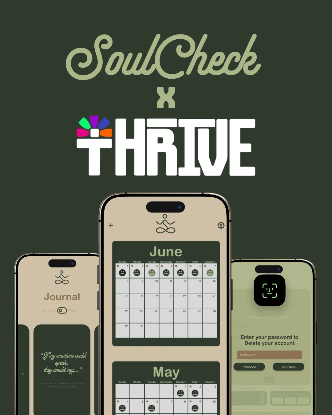 “SoulCheck x Thrive” graphic with three phones: the journal with a Guided/Free switch, the June and May mood calendars, and the delete-account screen with a Face ID prompt