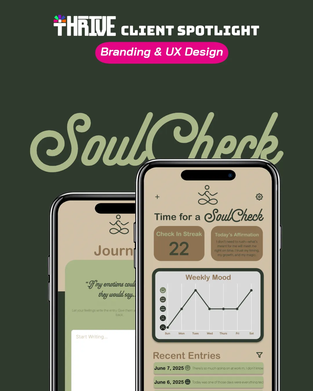 Thrive client spotlight graphic, “Branding & UX Design,” with the SoulCheck wordmark above the home screen and the journal screen on two phones