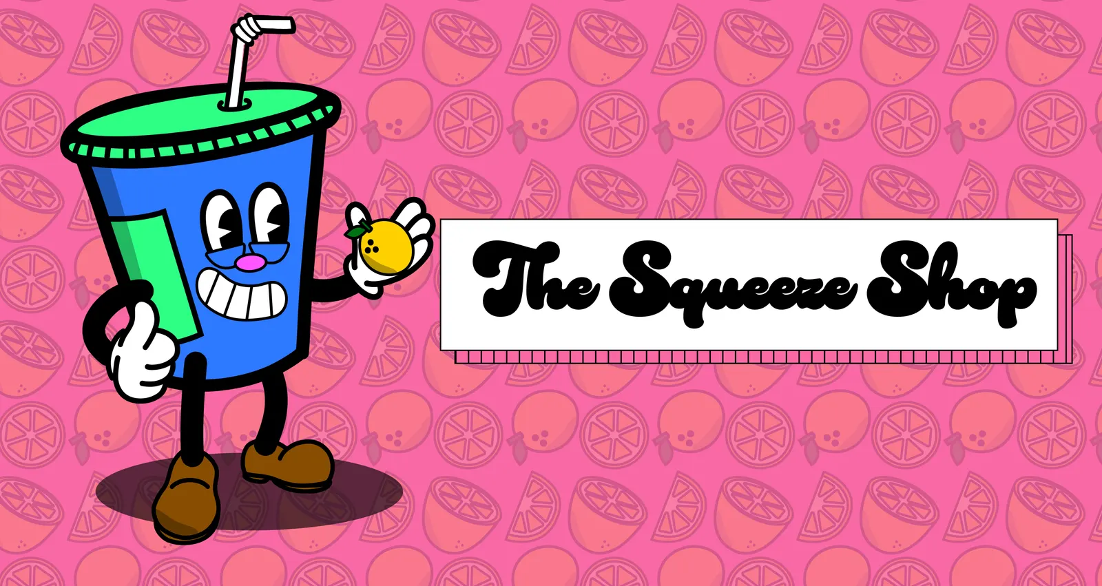 Wide banner with the mascot on the left and the logo on the right, over a faded pink lemon pattern
