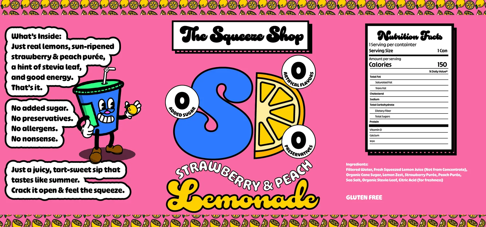 Flat can label on pink: the mascot with speech bubbles about what's inside, the logo and SD monogram with “0” badges, “Strawberry & Peach Lemonade,” and a nutrition facts panel