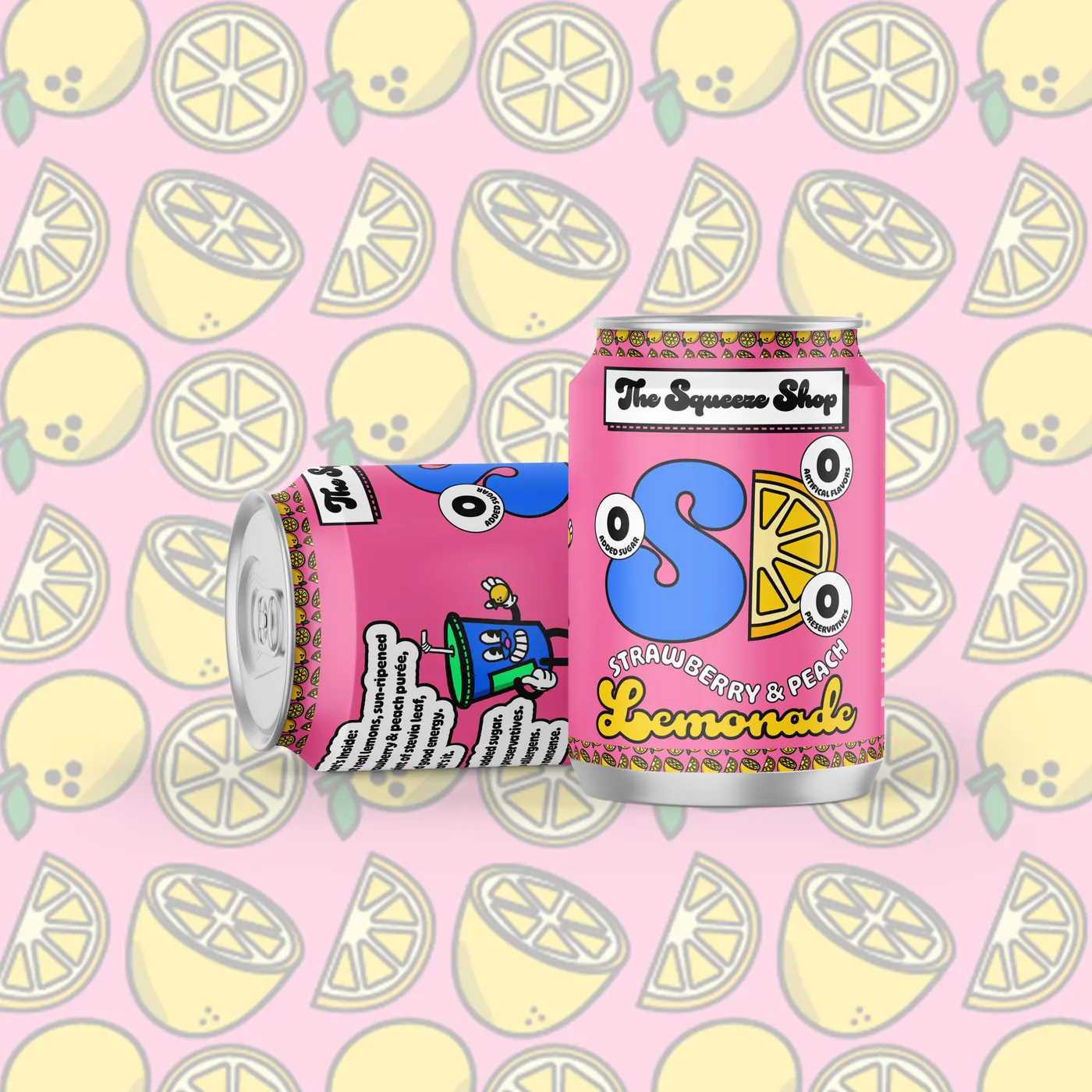 Two pink Strawberry & Peach Lemonade cans, one standing and one on its side, on a pale pink lemon pattern