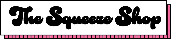 The Squeeze Shop logo in a bubbly black retro script inside a white box with a pink striped shadow