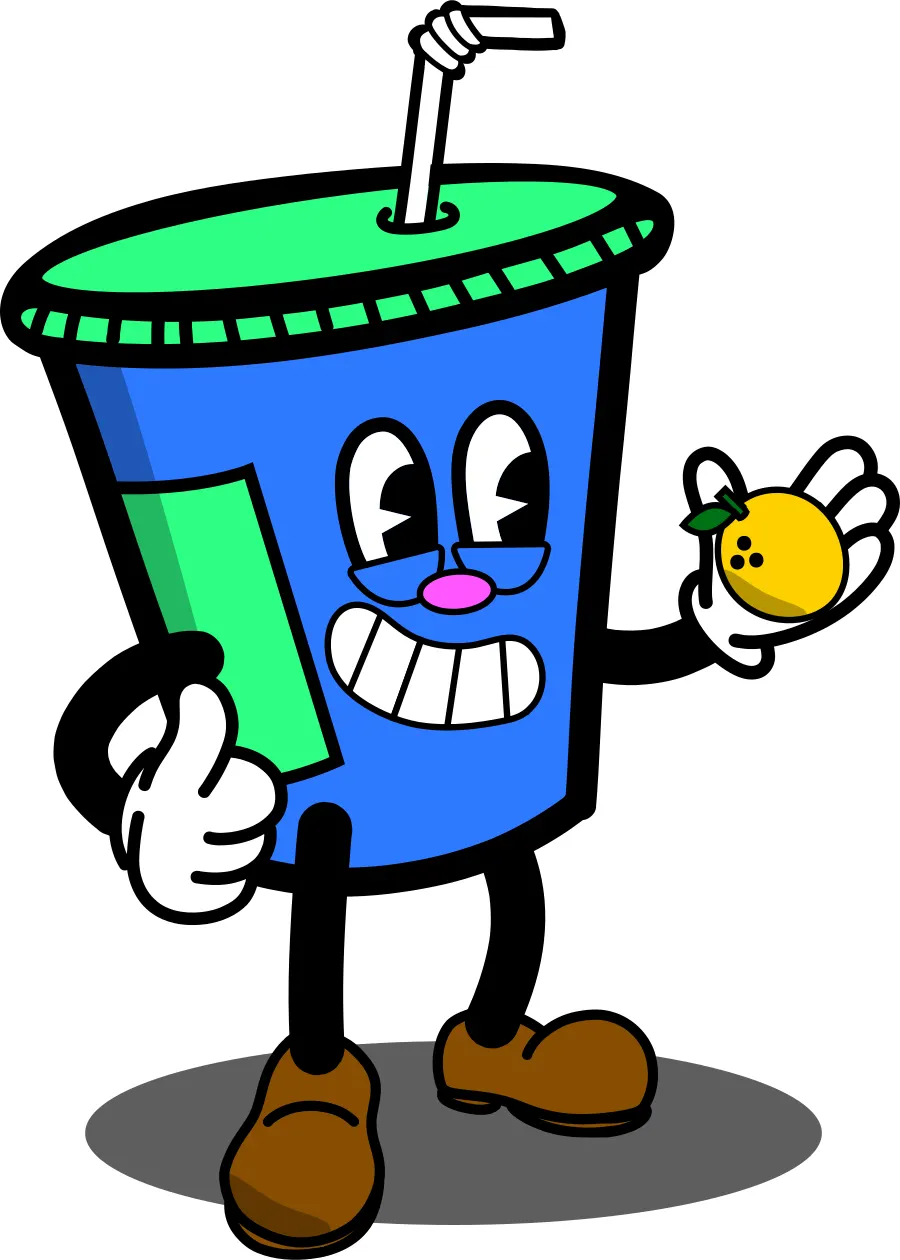 The Squeeze Shop mascot: a blue cup with a green lid, a bendy straw and a big grin, giving a thumbs-up and holding a lemon, in white gloves and brown shoes