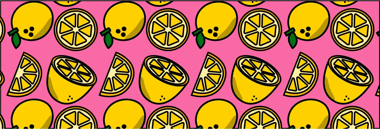 Repeat pattern of yellow lemons, slices and halves with thick black outlines on French Pink