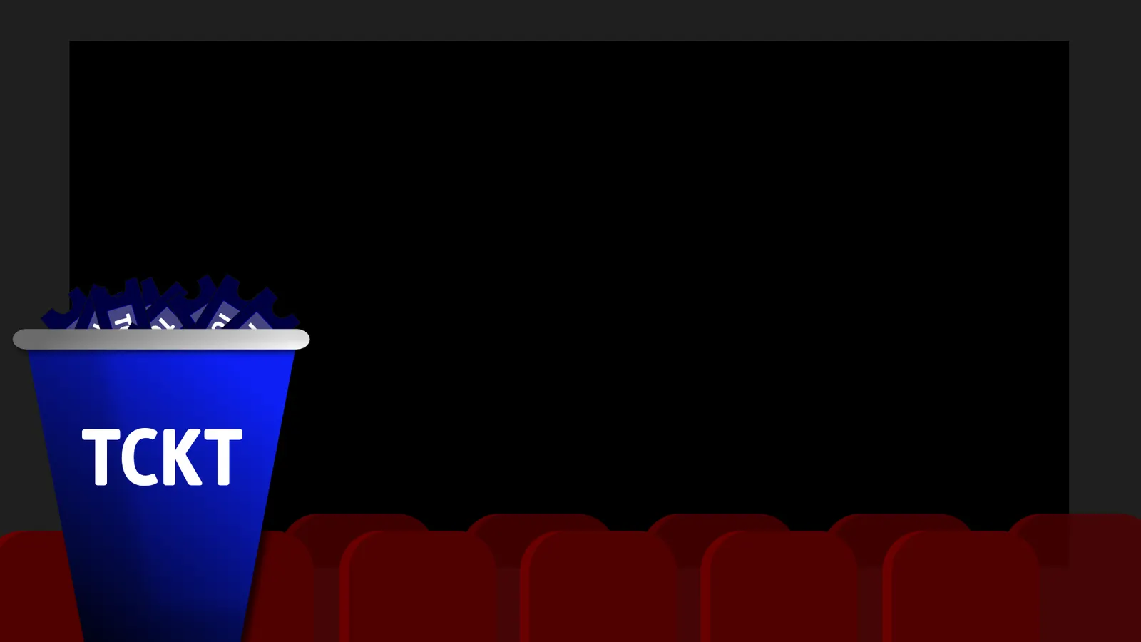 The TCKT bucket in front of a dark movie screen with red theater seats