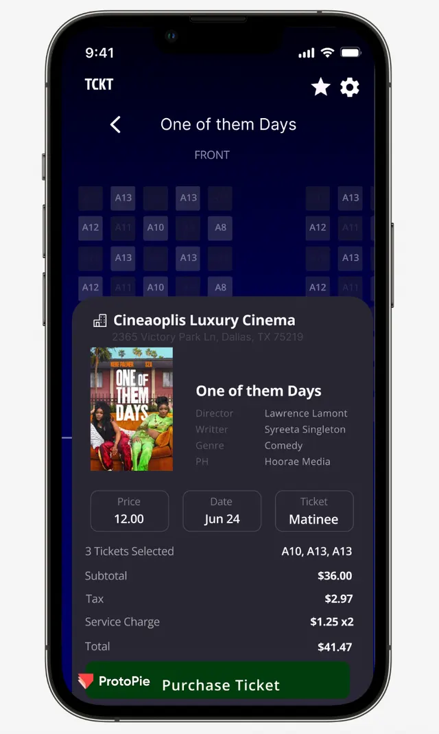 Checkout sheet over the seat map: film details, price, date, ticket type, three seats, subtotal, tax, service charge, total and a Purchase Ticket button