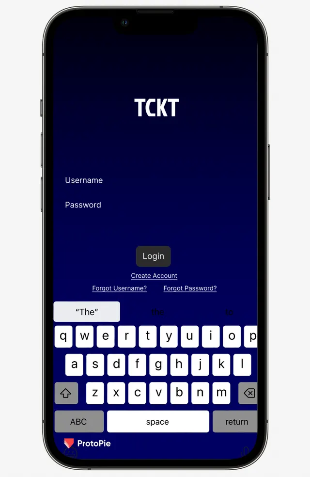TCKT sign-in screen with username and password, a Login button and Create Account and forgot links