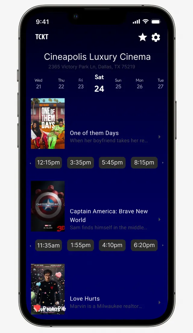 Cineapolis Luxury Cinema showtimes: a day picker across the top and three films, each with four showtime buttons