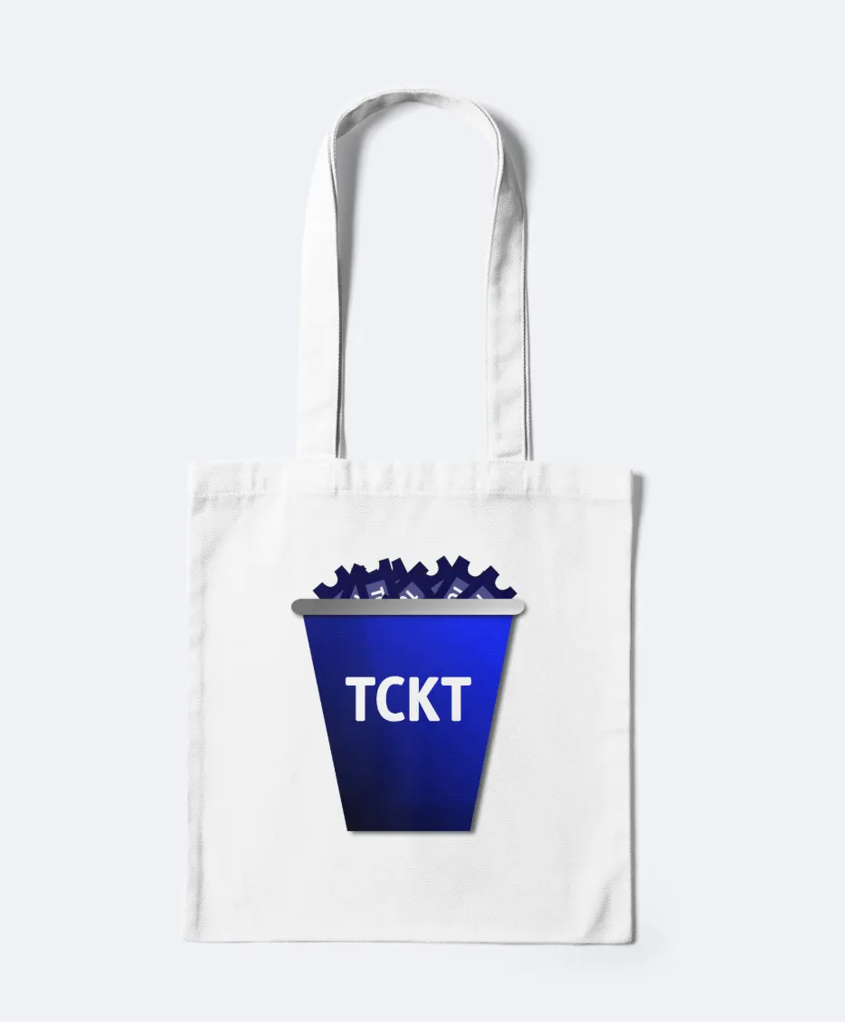 White tote bag with the TCKT bucket logo