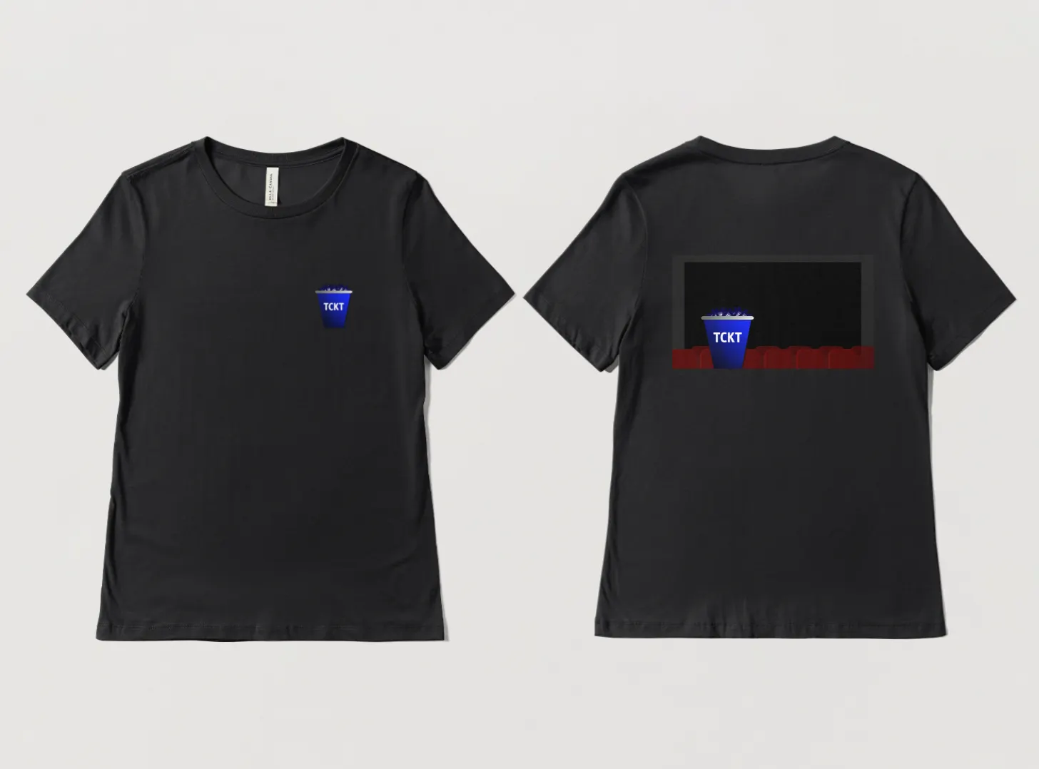 Black T-shirt front with a small TCKT logo and back with the bucket in front of a theater screen