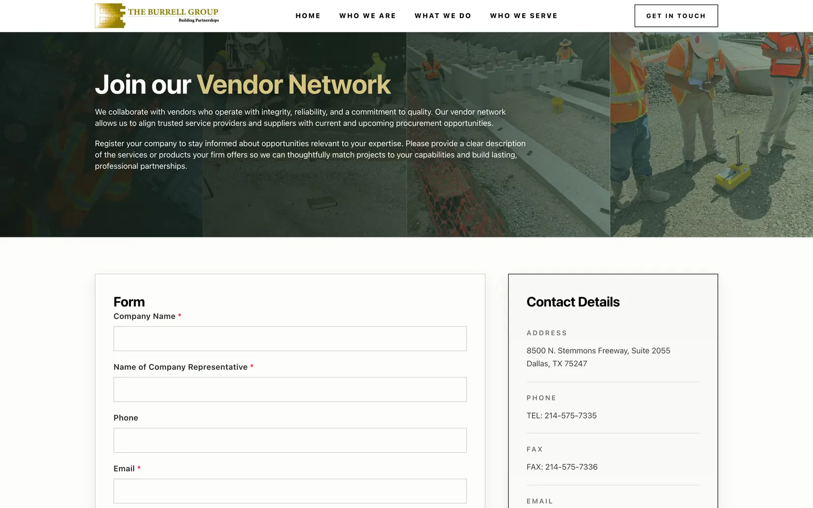 Vendor network registration form with contact details