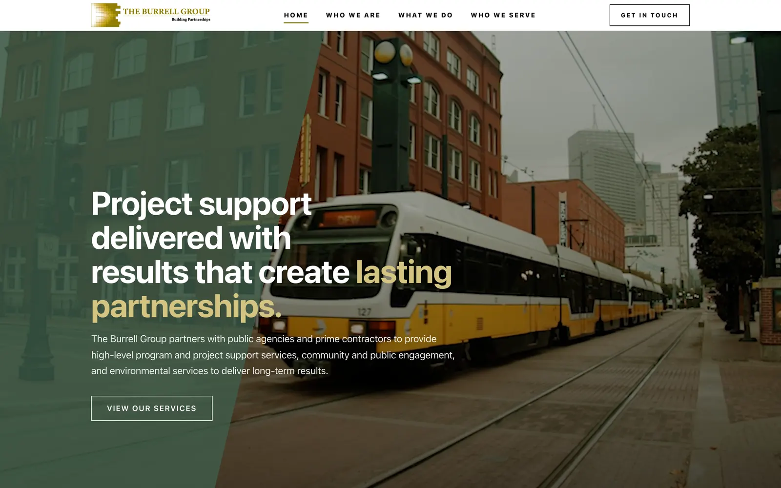 The Burrell Group home page hero: “Project support delivered with results that create lasting partnerships.”
