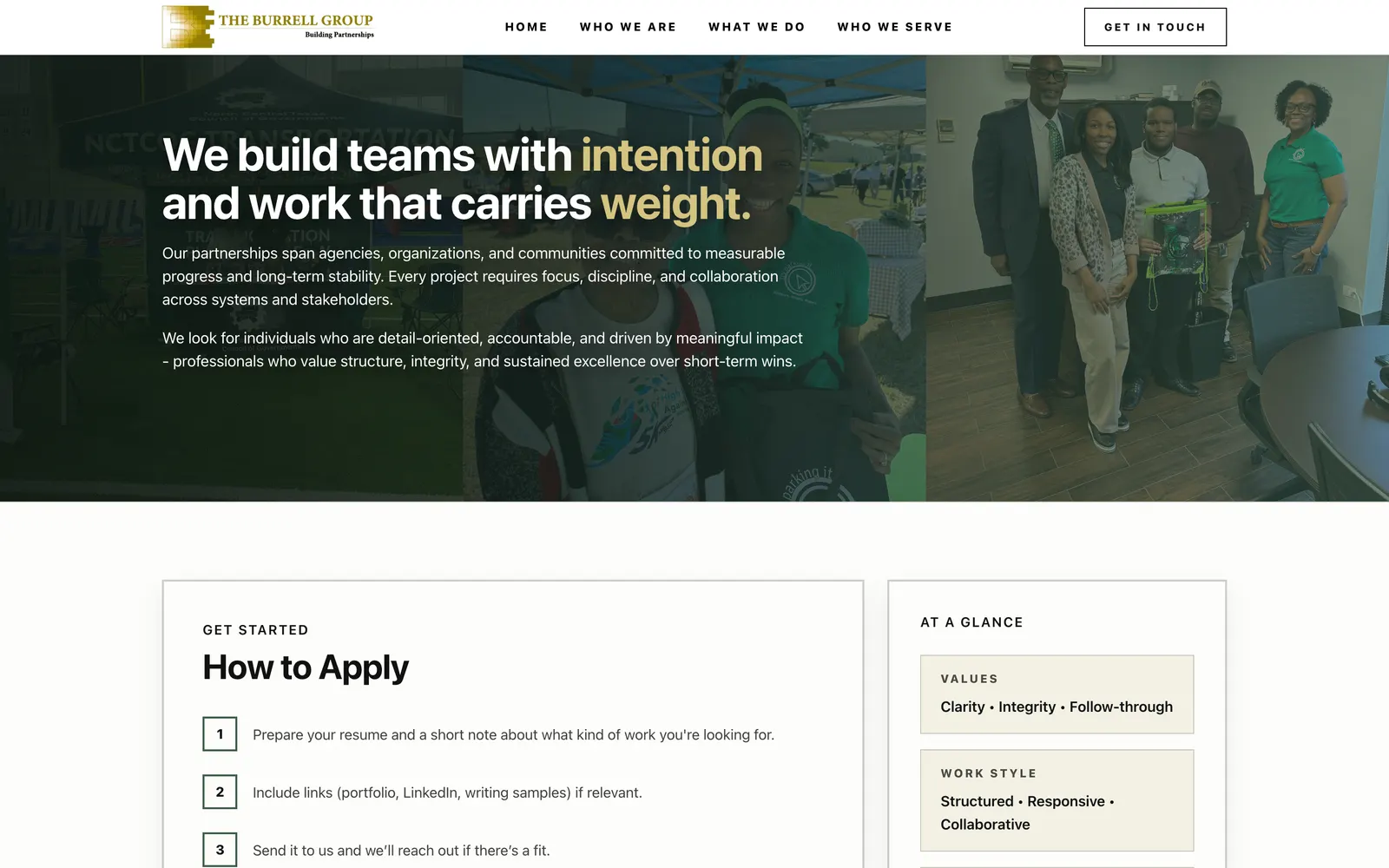Work With Us page: “We build teams with intention and work that carries weight.”
