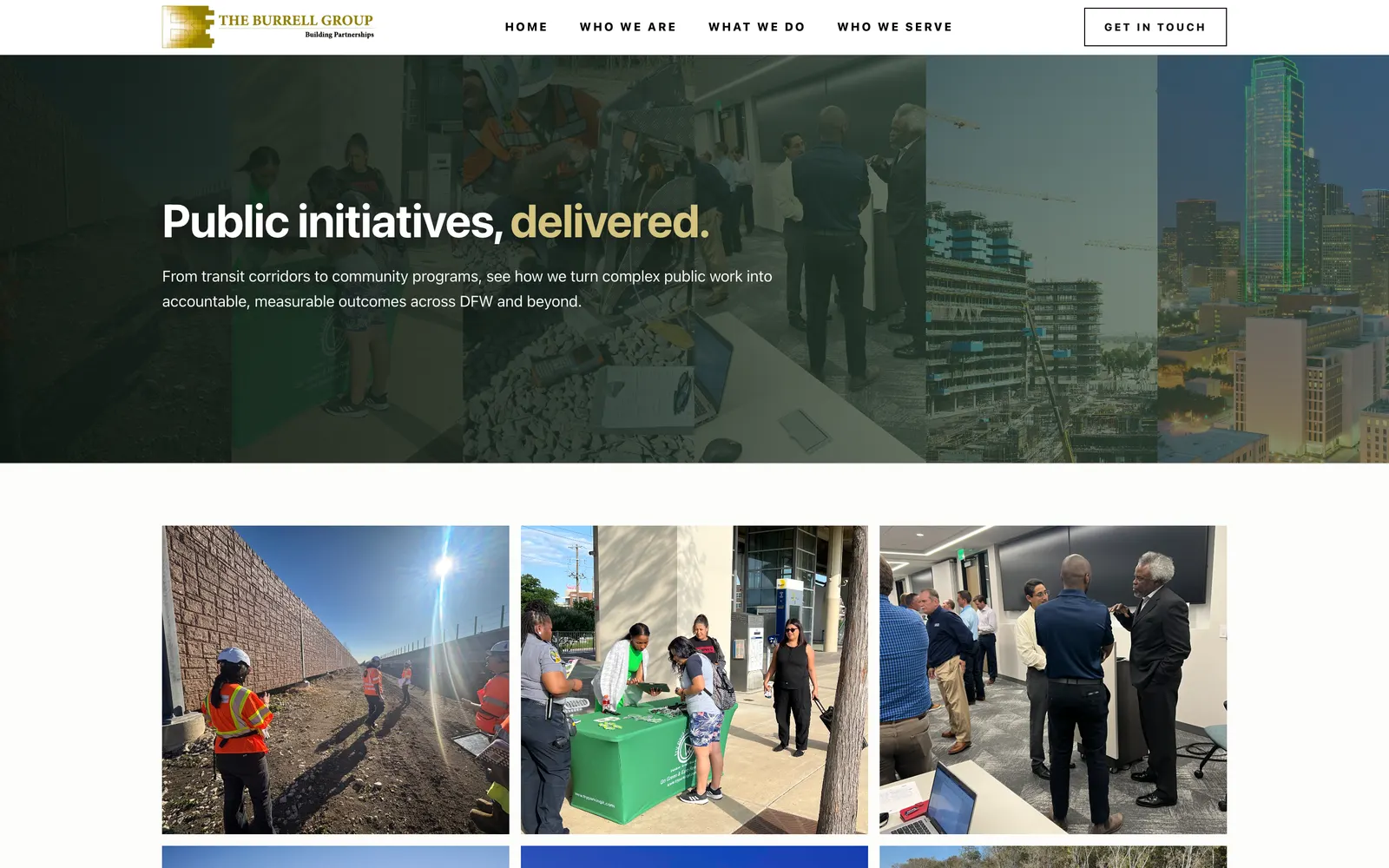Our Work page: “Public initiatives, delivered.” above a photo mosaic