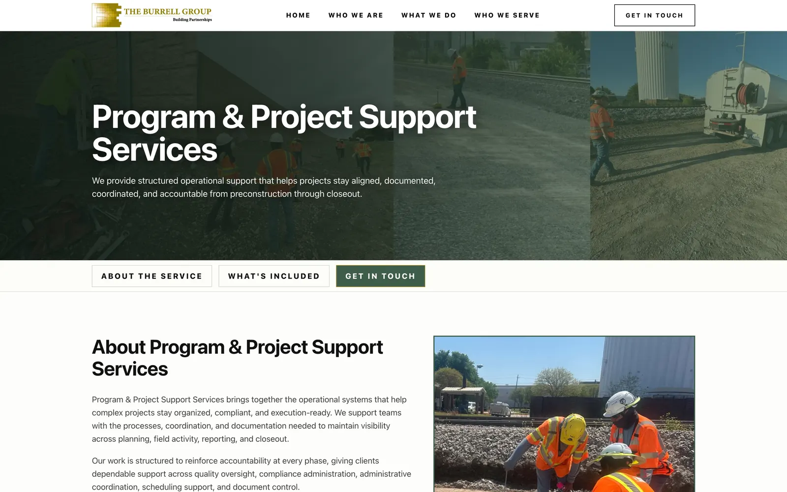 Program & Project Support Services page with the section bar and a field photo