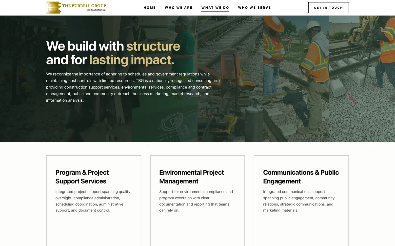What We Do page: “We build with structure and for lasting impact.” with service cards