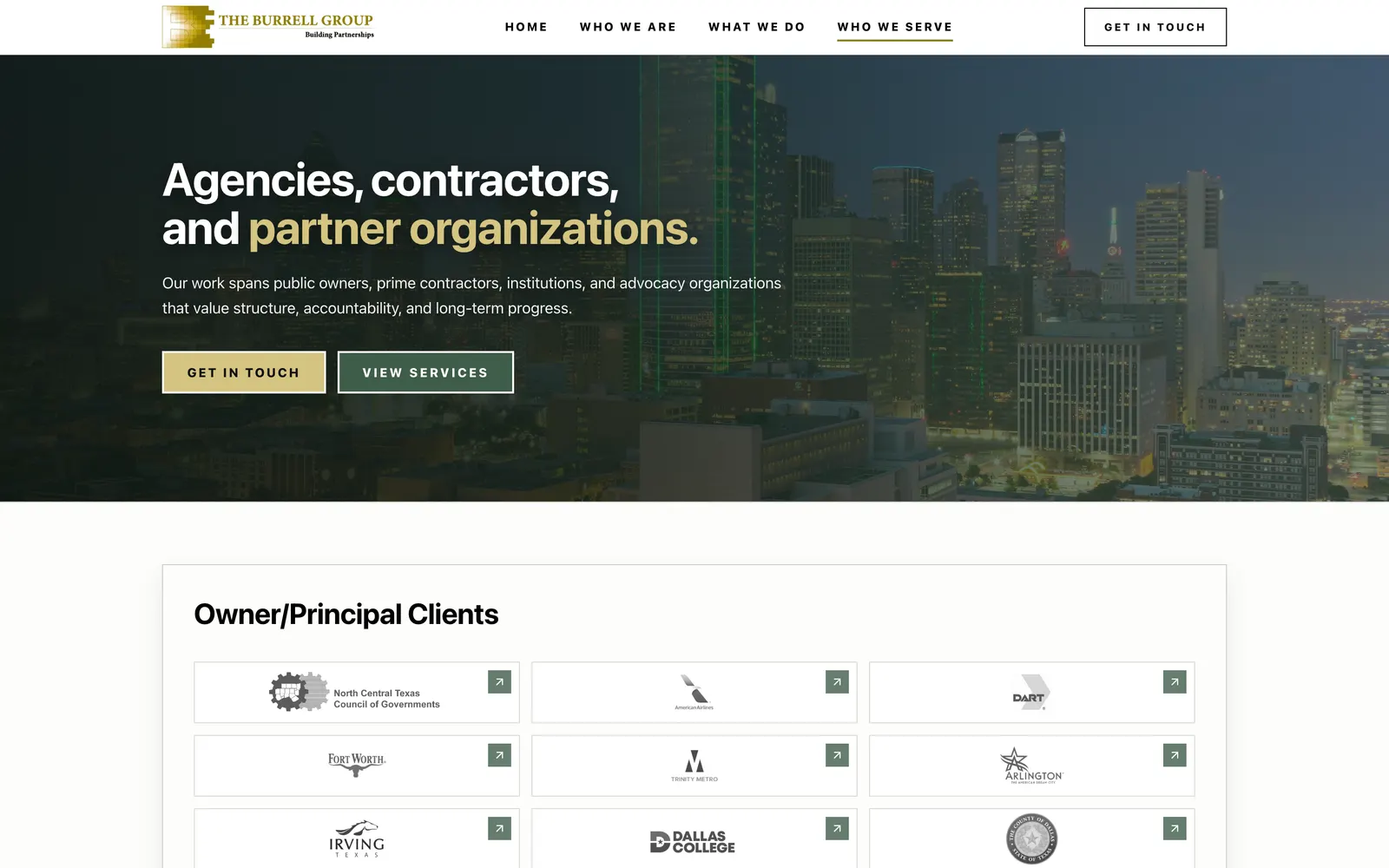 Who We Serve page with the Dallas skyline and a grid of client logos